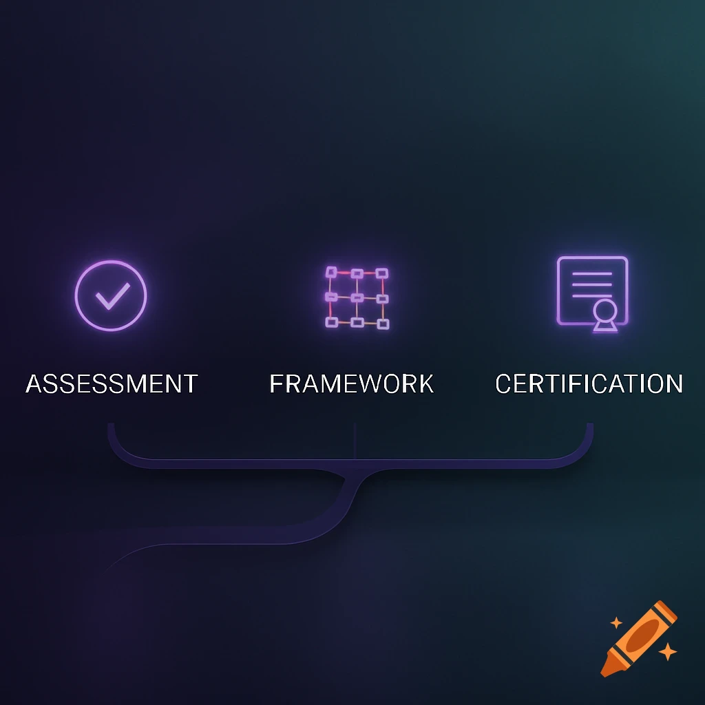 Purple glowing icons for Assessment, Framework, and Certification connected by a line on a dark background.