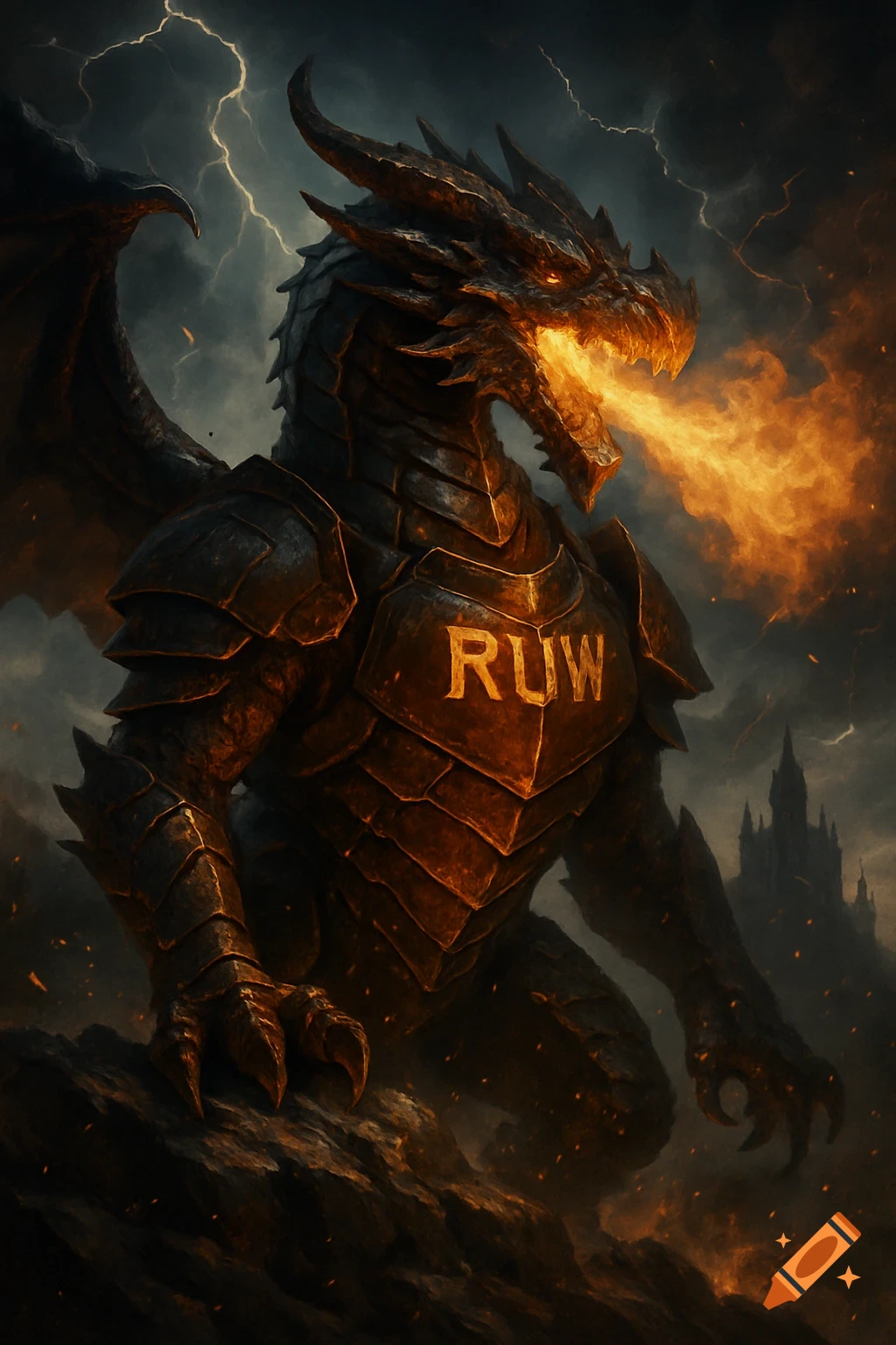 A powerful armored dragon with fiery breath and glowing eyes, standing in a stormy, lightning-filled landscape with a distant castle. The letters 'RUW' are emblazoned on its chest.