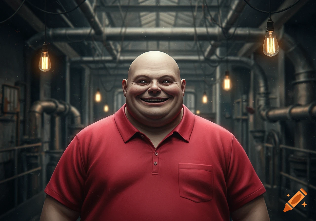 A wide-smiling, bald, heavy-set man in a red polo shirt with blank, white eyes stands in a dark industrial corridor.