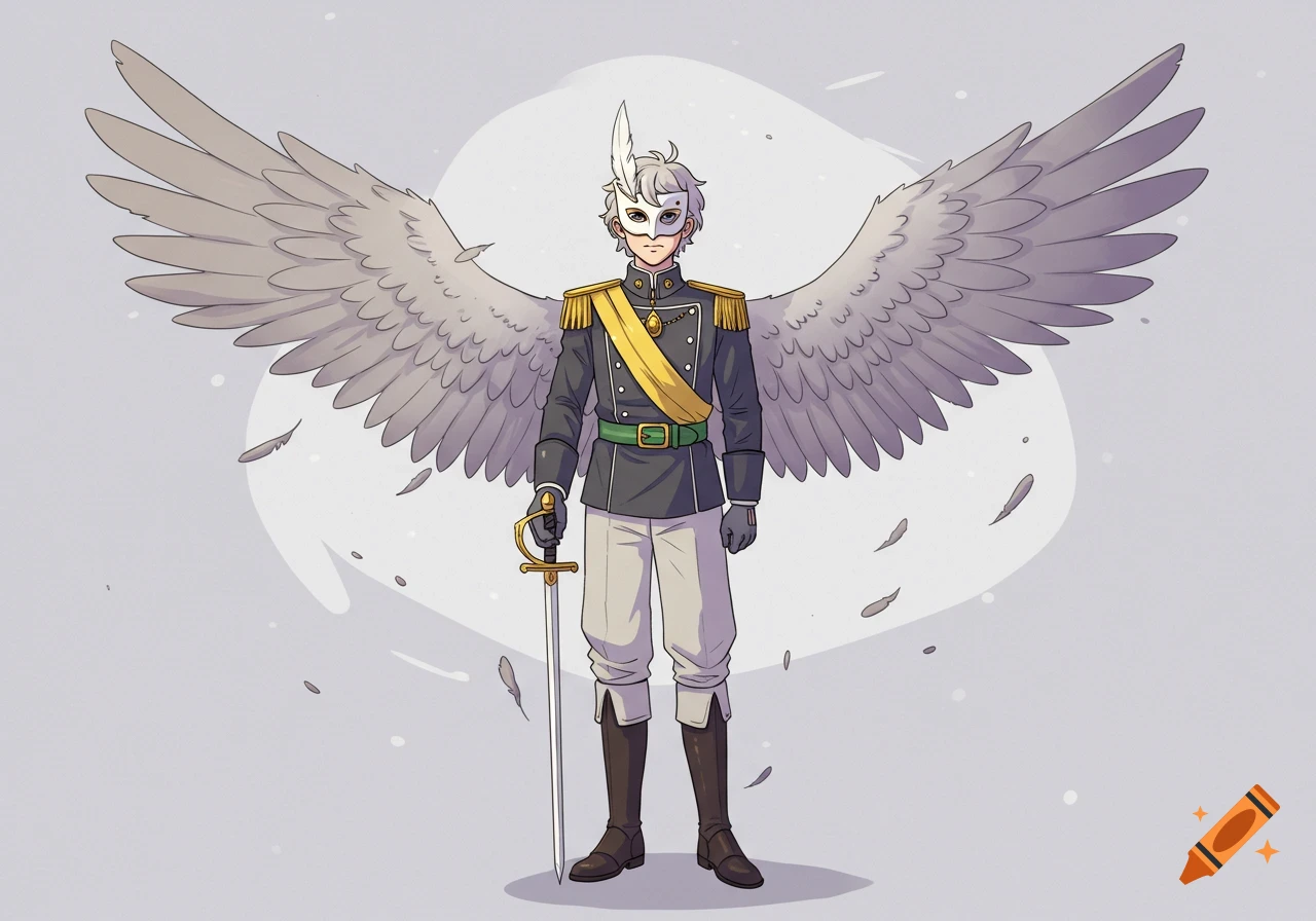 A cartoon anime-style young male character with white hair, a feathered mask, large gray wings, and a military uniform stands holding a sword.
