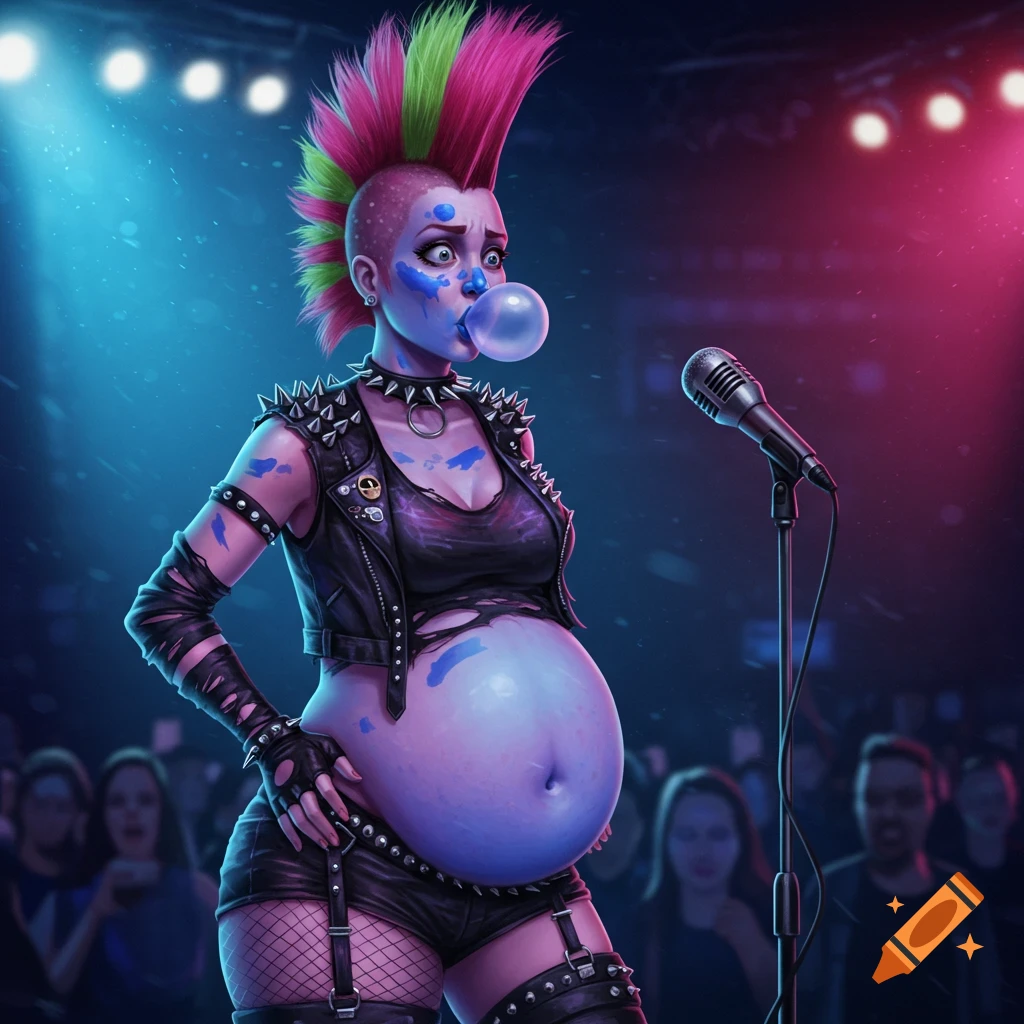 A pregnant punk rock woman with a pink and green mohawk and blue skin patches, chewing bubblegum while standing on a stage with a microphone.
