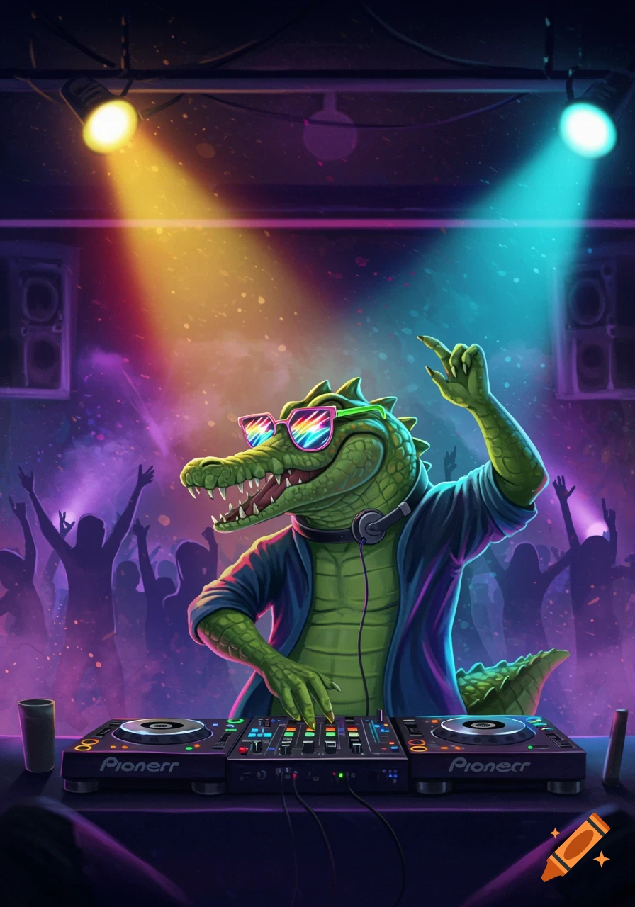 A cartoon crocodile DJ with rainbow sunglasses and headphones mixes music at a vibrant party with a silhouetted crowd under colorful spotlights.