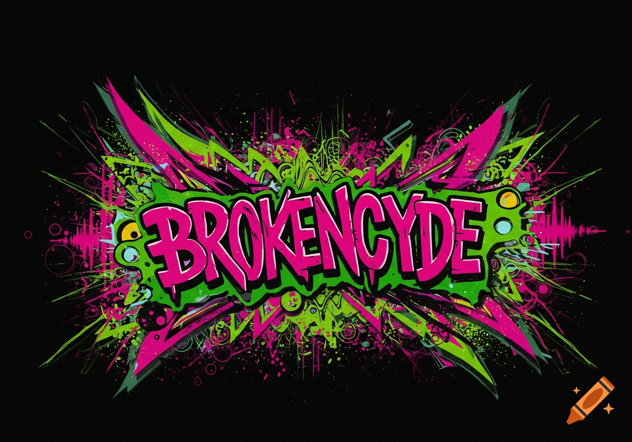 A vibrant graphic with the word "BROKENCYDE" in pink bubble letters against a green splattered background, surrounded by neon pink and green grunge art.