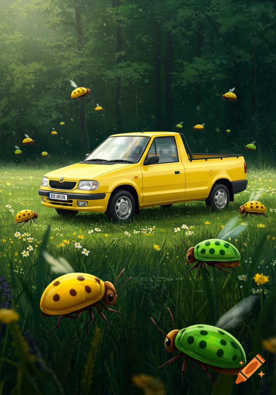 A yellow pickup truck sits in a grassy field with flowers, surrounded by large, stylized yellow and green beetle-like insects shaped like cars. Trees are in the background.