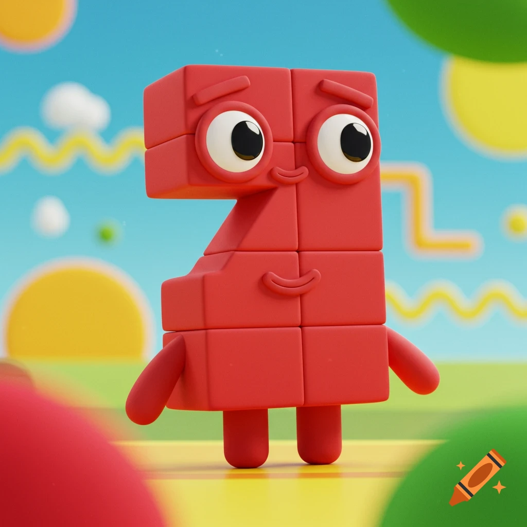 A red blocky cartoon character shaped like the number 2, with a friendly face, stands in a colorful, bright landscape.