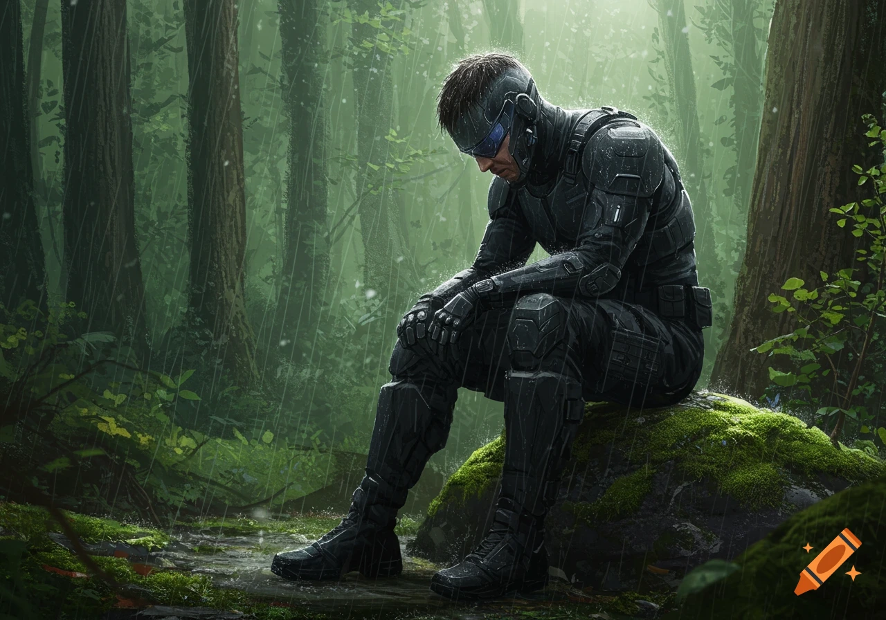 A futuristic male soldier in black tactical gear sits on a mossy rock in a rainy forest, contemplating life. Photorealistic style.