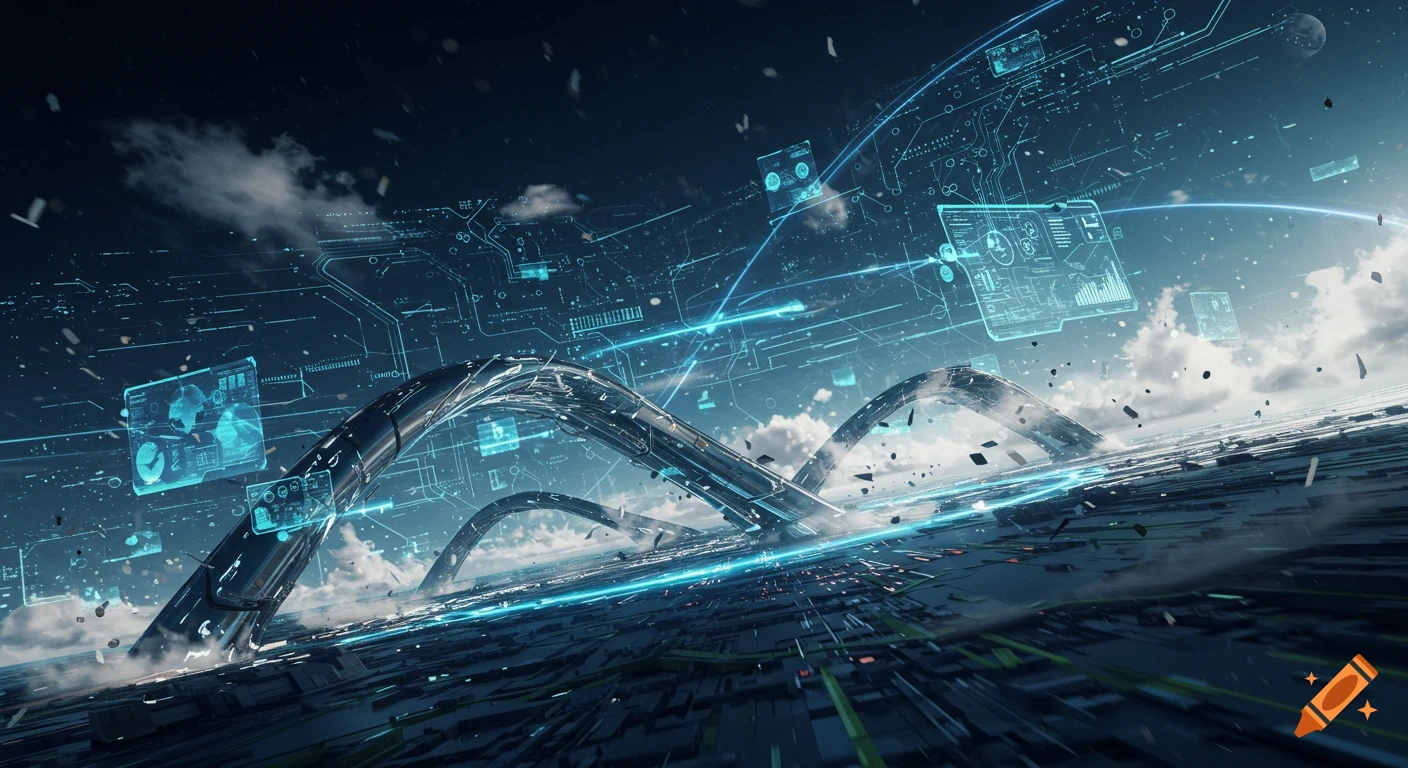 A dynamic, futuristic digital landscape featuring glowing blue circuit board patterns, abstract arching structures, and holographic screens with data visualizations against a dark, cloudy sky.