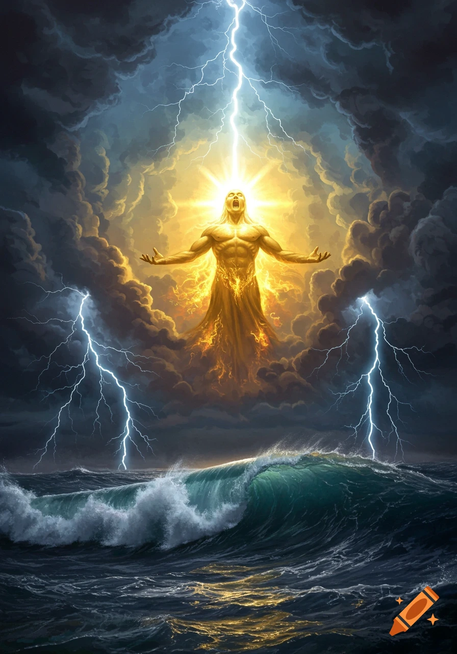 A glowing, god-like figure with outstretched arms amidst dark storm clouds and lightning over a turbulent sea.