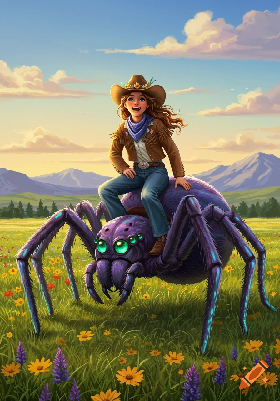 A happy cartoon cowgirl with a brown hat and fringed jacket rides a large, purple, eight-eyed spider through a sunny field of flowers.
