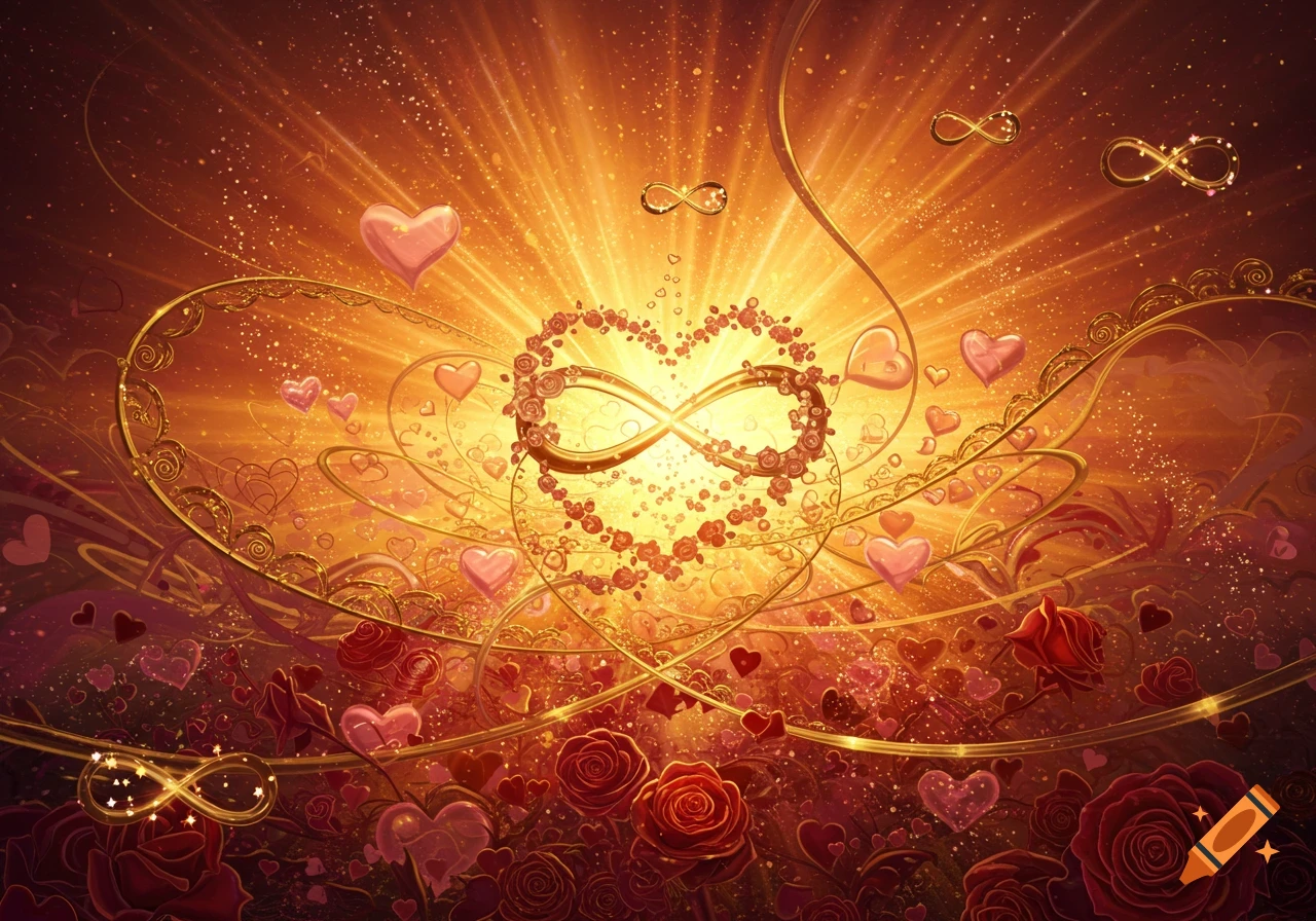 A radiant golden scene with glowing pink hearts, red roses, and golden infinity symbols amidst bright light rays and sparkling particles.