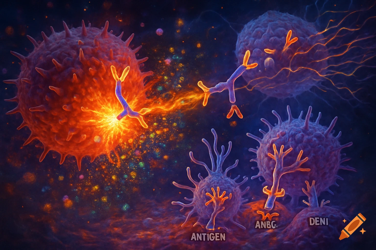 A detailed microscopic view of cell-like structures and interacting molecules, with one large cell glowing brightly and radiating energy.