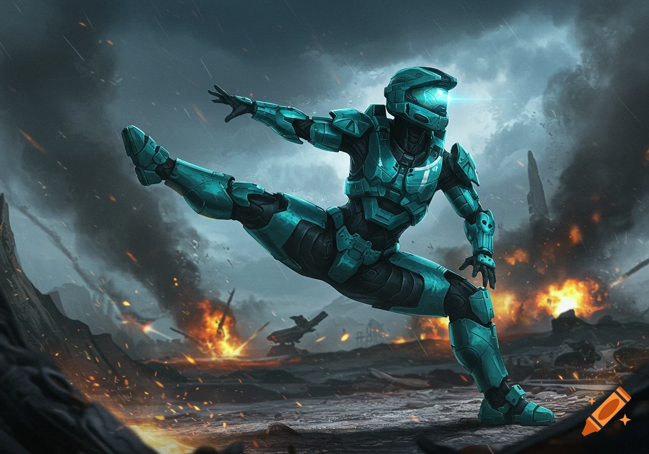 A teal futuristic Spartan soldier in full armor performs a mid-air split kick over a fiery, war-torn battlefield.