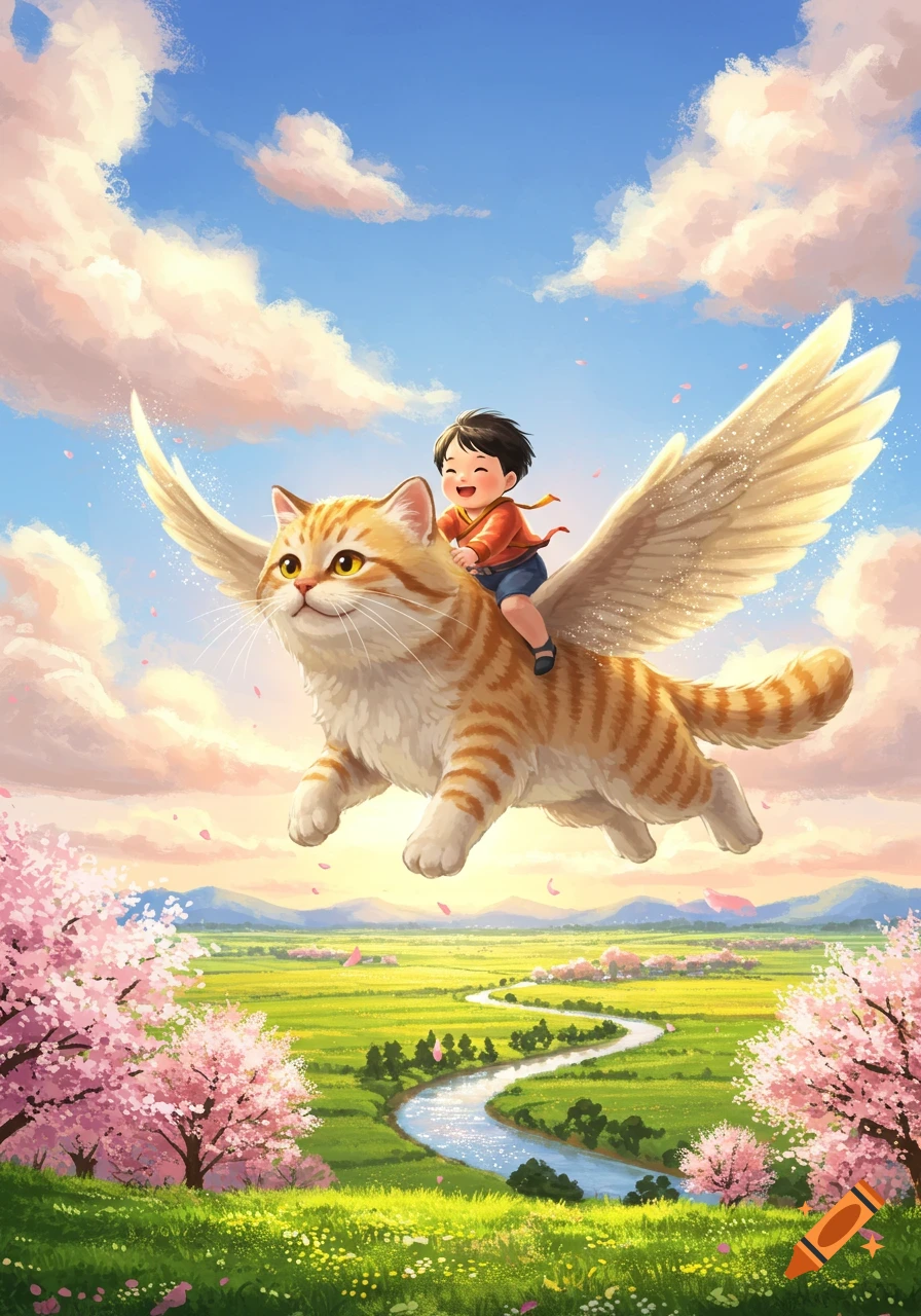 A happy cartoon boy rides a winged orange tabby cat over a sunny landscape with green fields, a river, and cherry blossom trees.