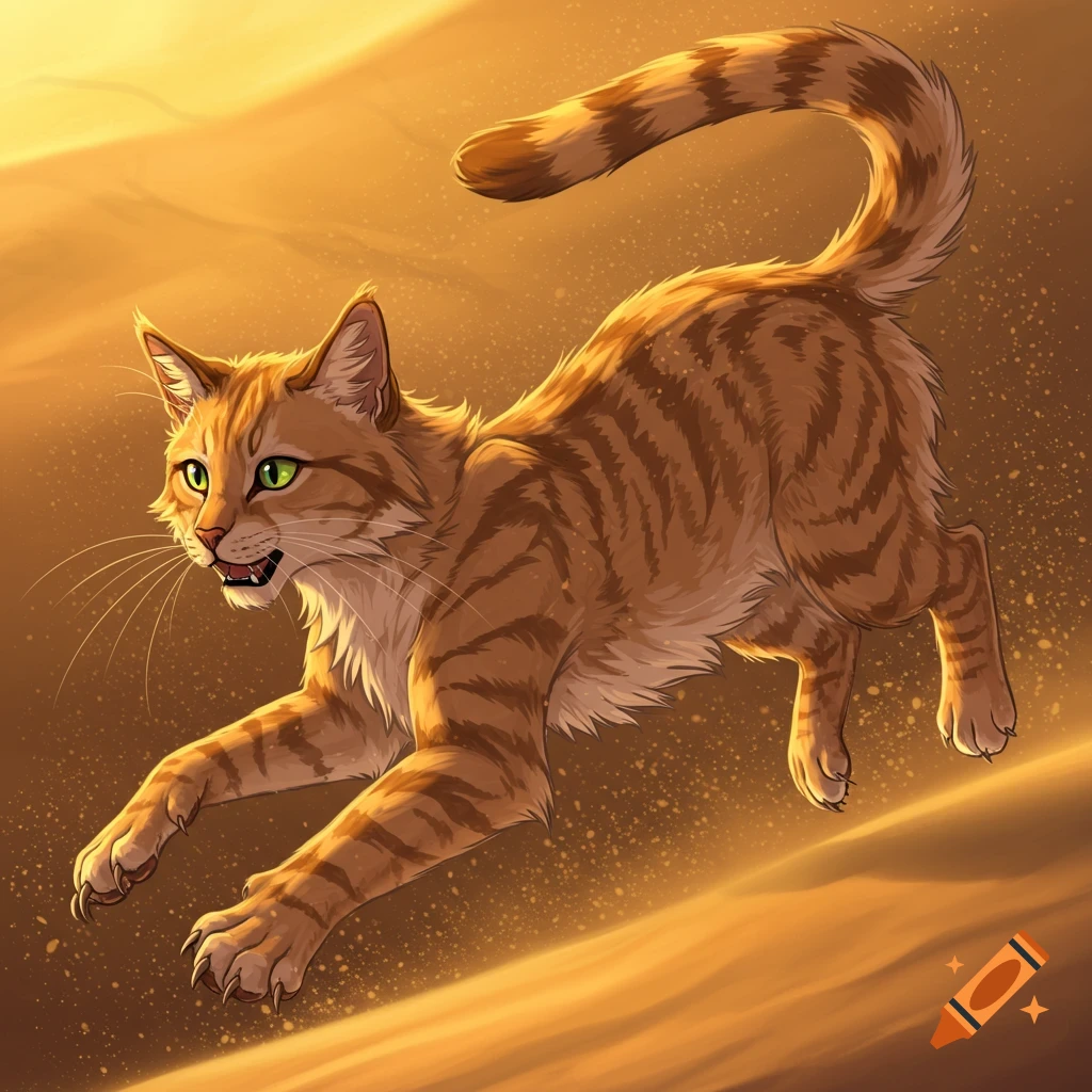 An orange striped cat with green eyes crouches in a golden sandy landscape, ready to pounce, in an illustrative style.
