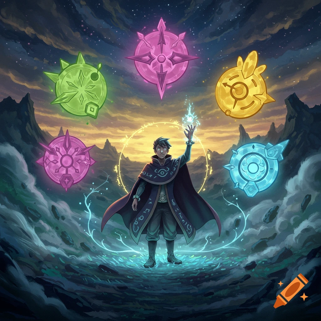A young male wizard in a dark cloak stands in a fantastical landscape with a sunset sky, surrounded by five glowing magical symbols, holding a glowing orb.