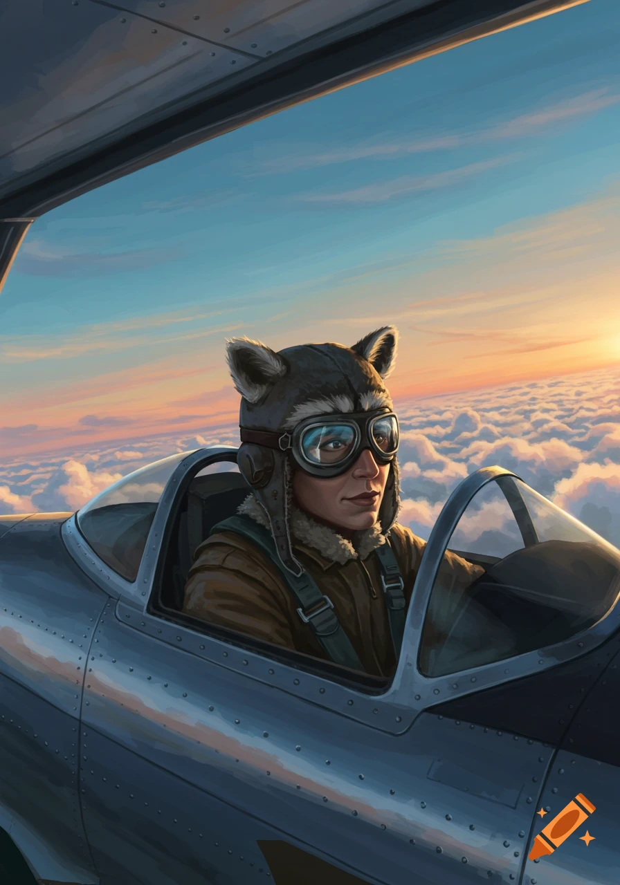 An illustrated person with a raccoon hat and goggles flies an airplane above clouds during sunset.