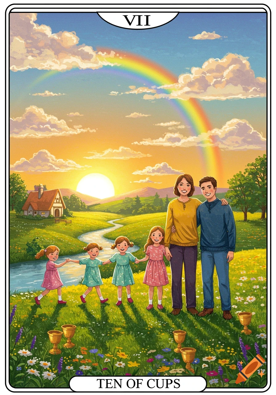 An illustration of the Ten of Cups tarot card featuring a family with four daughters in a vibrant, sunny landscape under a rainbow.