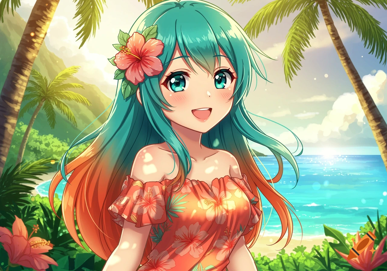 Anime girl with teal hair and a hibiscus flower in her hair, smiling on a tropical beach with palm trees and blue ocean.