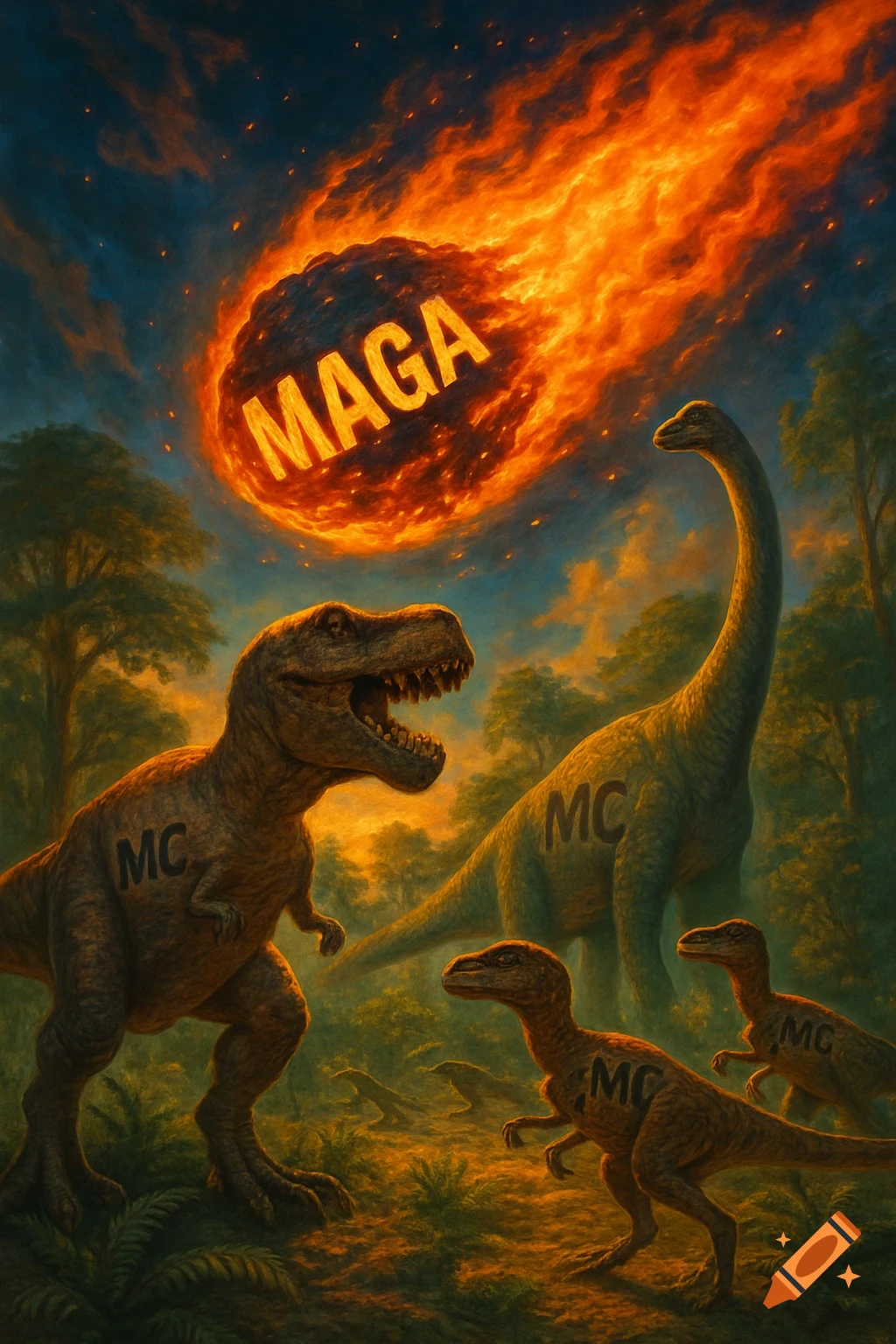 A dramatic illustration of dinosaurs in a prehistoric jungle reacting to a flaming meteor with 'MAGA' text. Dinosaurs have 'MC' on their sides.
