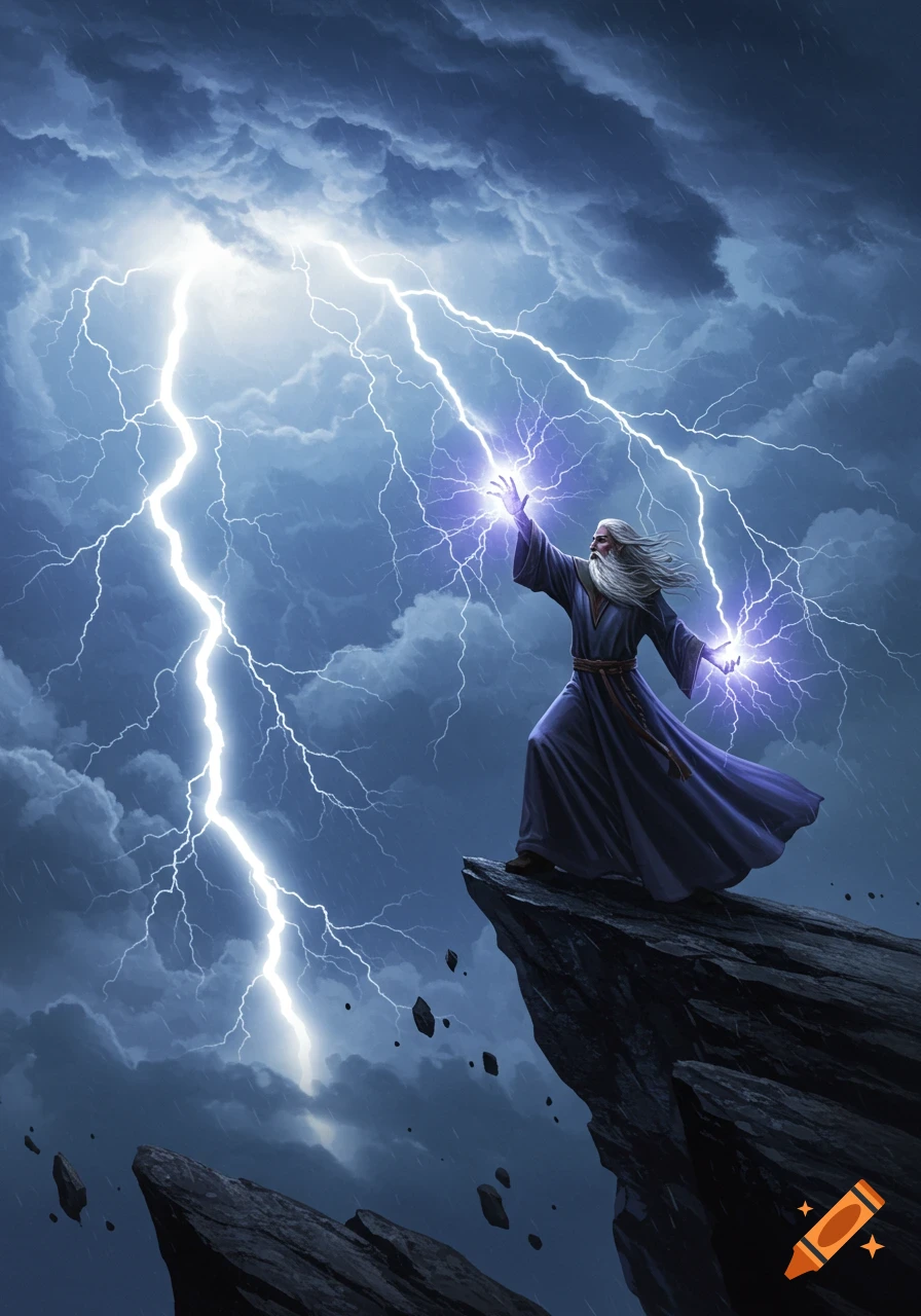 A bearded wizard in purple robes stands on a rocky cliff, casting bright lightning from his hands during a dramatic thunderstorm.