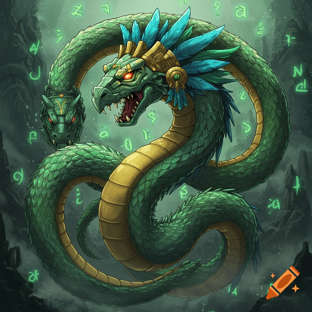 A stylized green feathered serpent with golden accents and red eyes, coiled in a circular shape against a dark background with glowing green symbols.