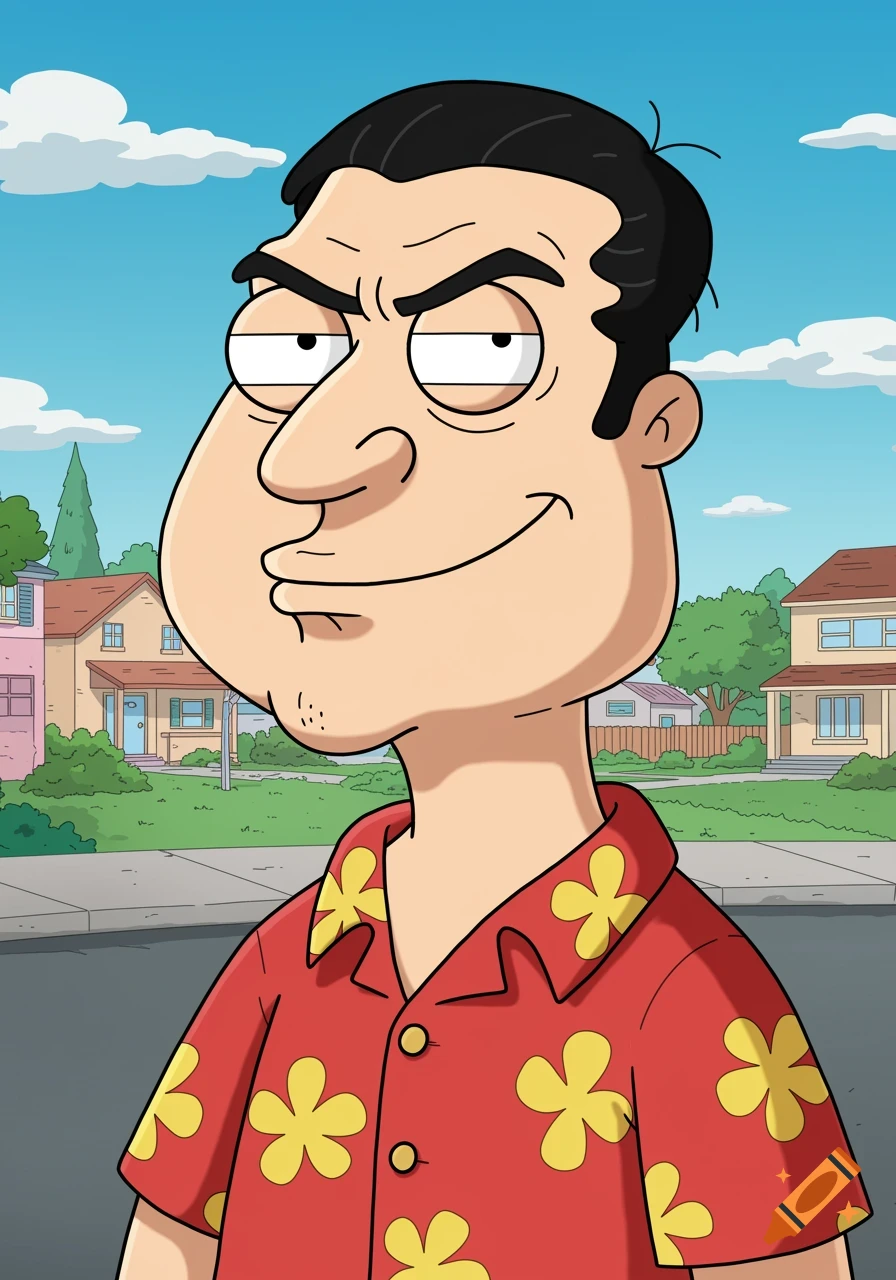 Cartoon character Glenn Quagmire with black hair and a red Hawaiian shirt, smiling slyly in a suburban neighborhood.
