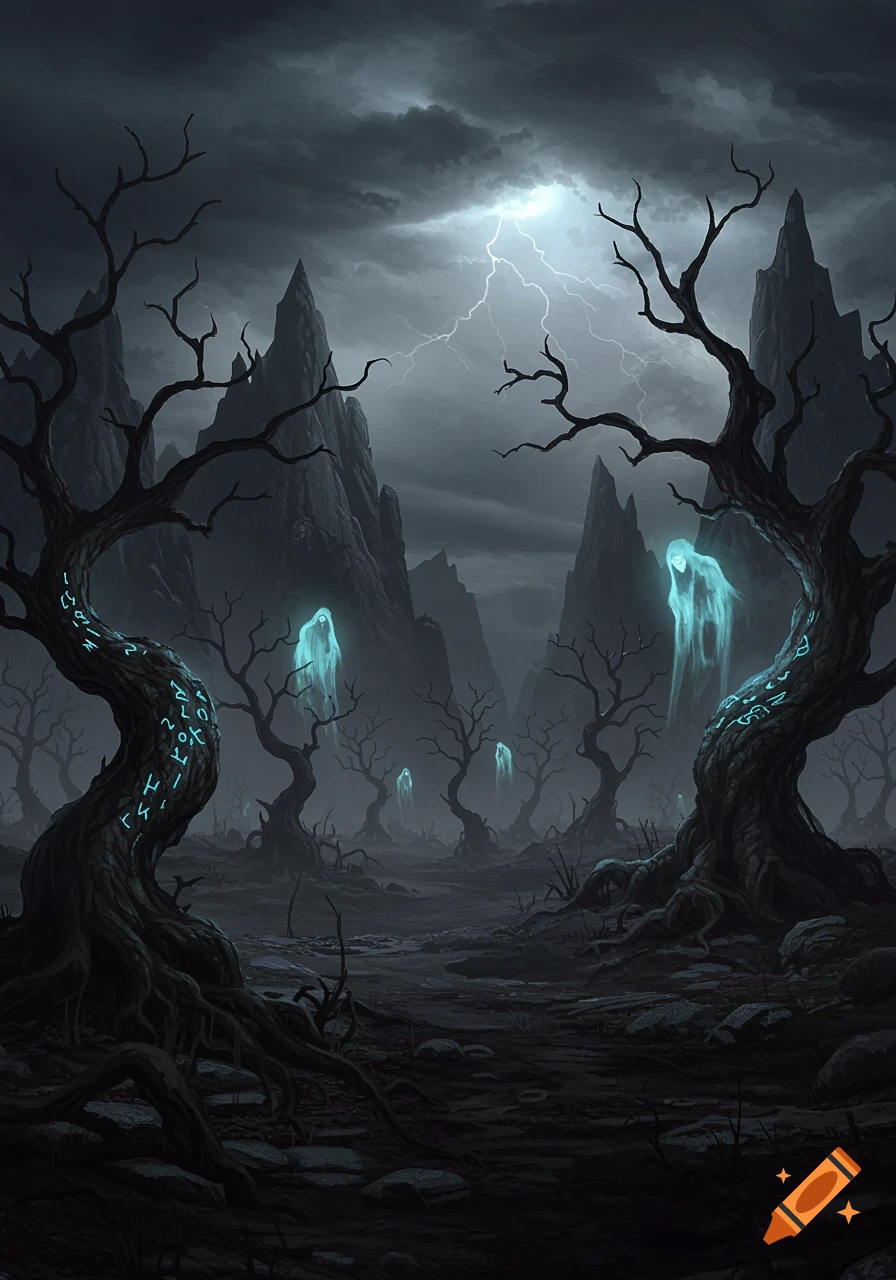 Dark fantasy landscape with glowing ghosts, gnarled trees, and lightning under a stormy sky, digital painting style.