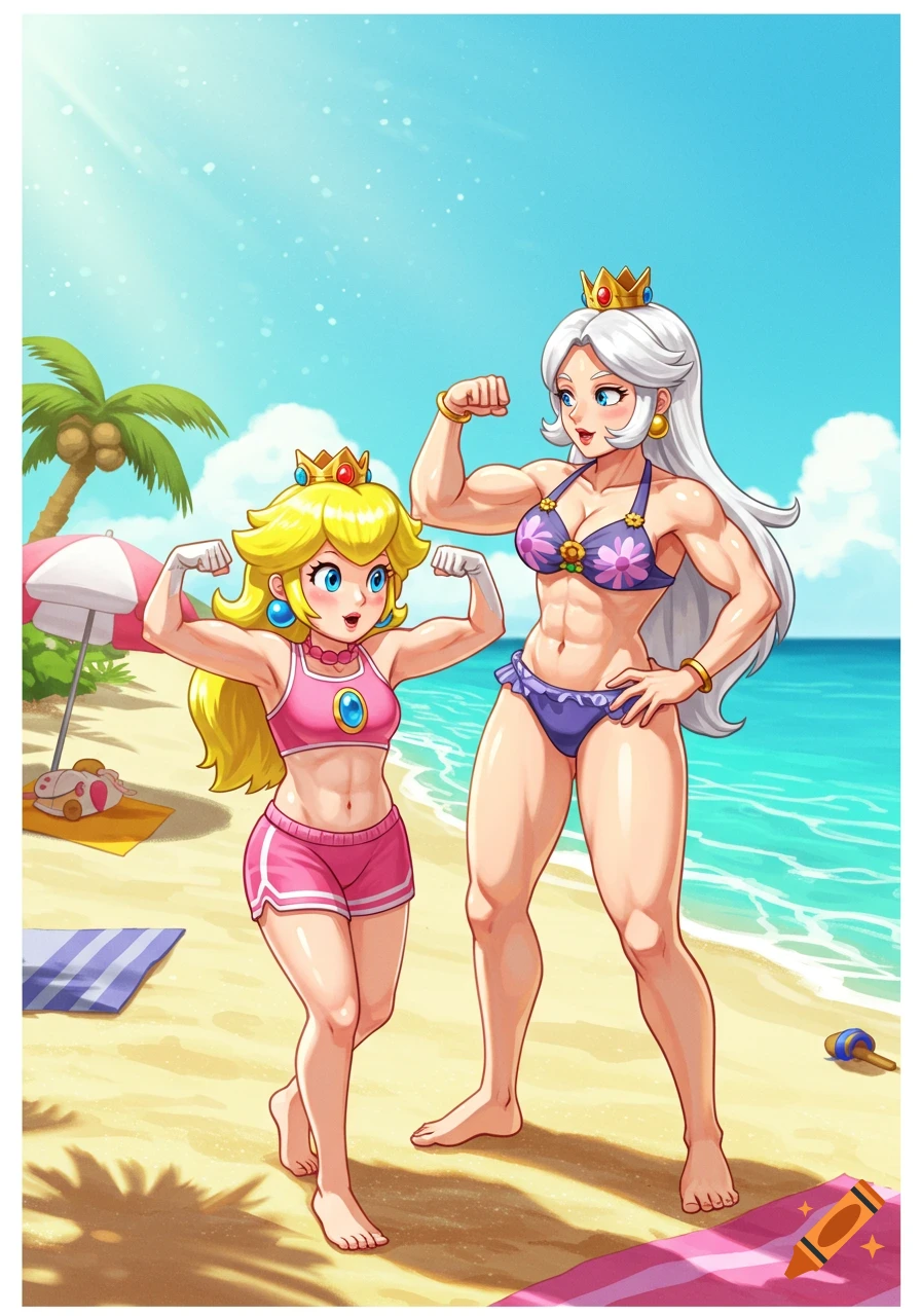 Princess Peach and a muscular woman in swimsuits flex on a sunny beach, in a vibrant cartoon style.