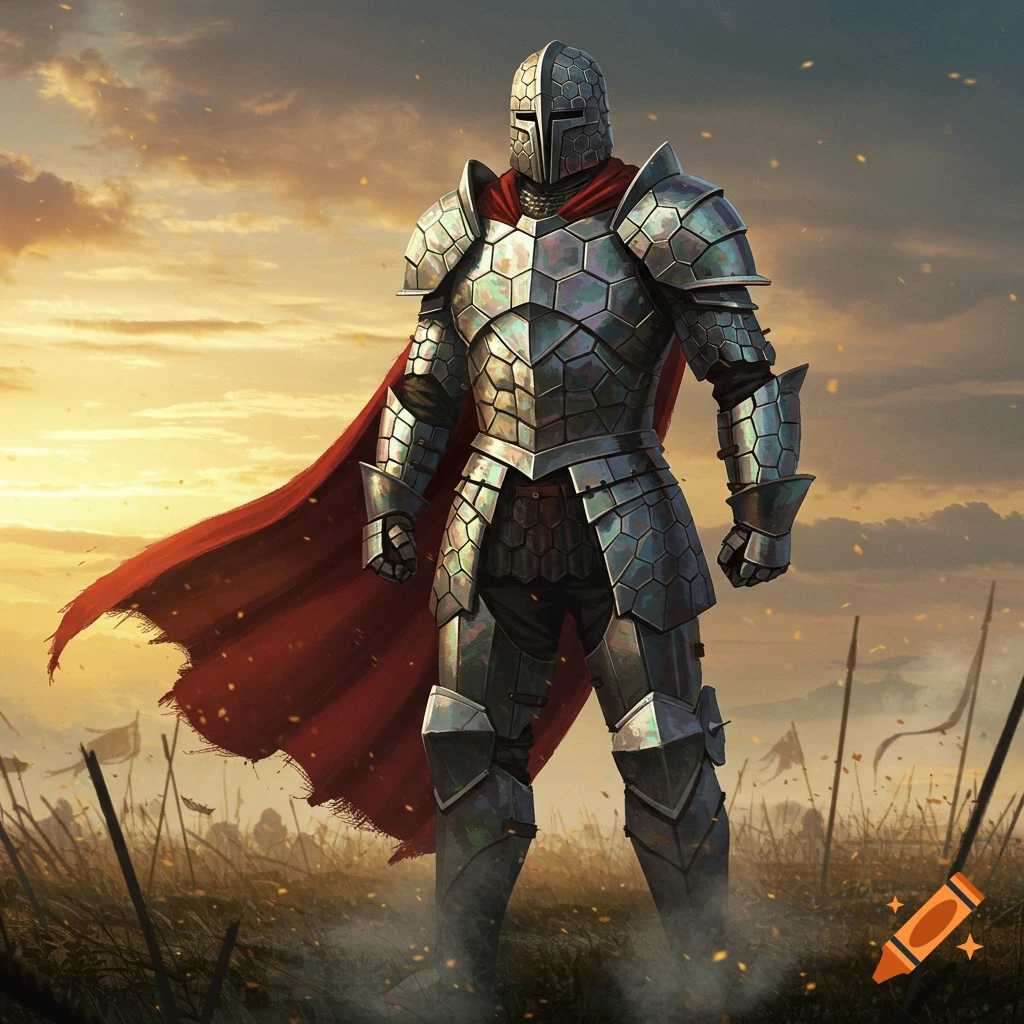 A knight in shining hexagonal armor and a red cape stands on a battlefield at sunset.