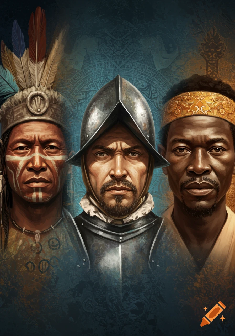Detailed illustration of an Indigenous man, a conquistador, and a Black man.