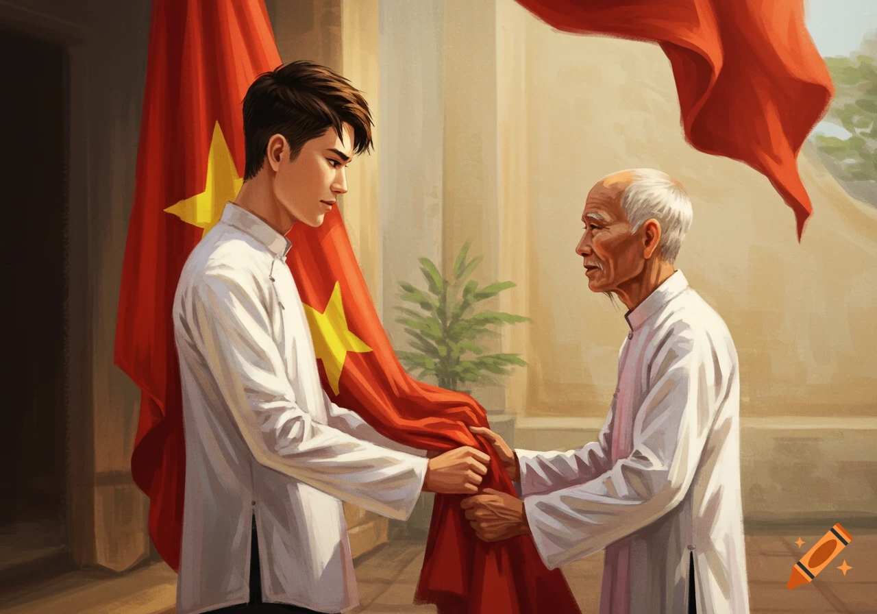 A young Vietnamese man and an old man in white shirts respectfully handle a red flag with a yellow star, in a digital painting.