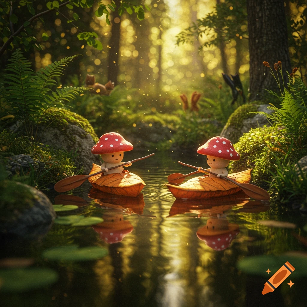 Two cute mushroom characters with red toadstool hats paddle leaf boats on a sun-dappled forest pond.