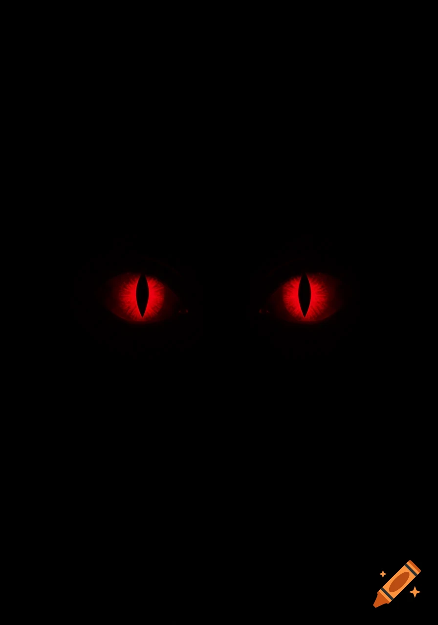 Two glowing red eyes with slit pupils emerge from pure darkness.
