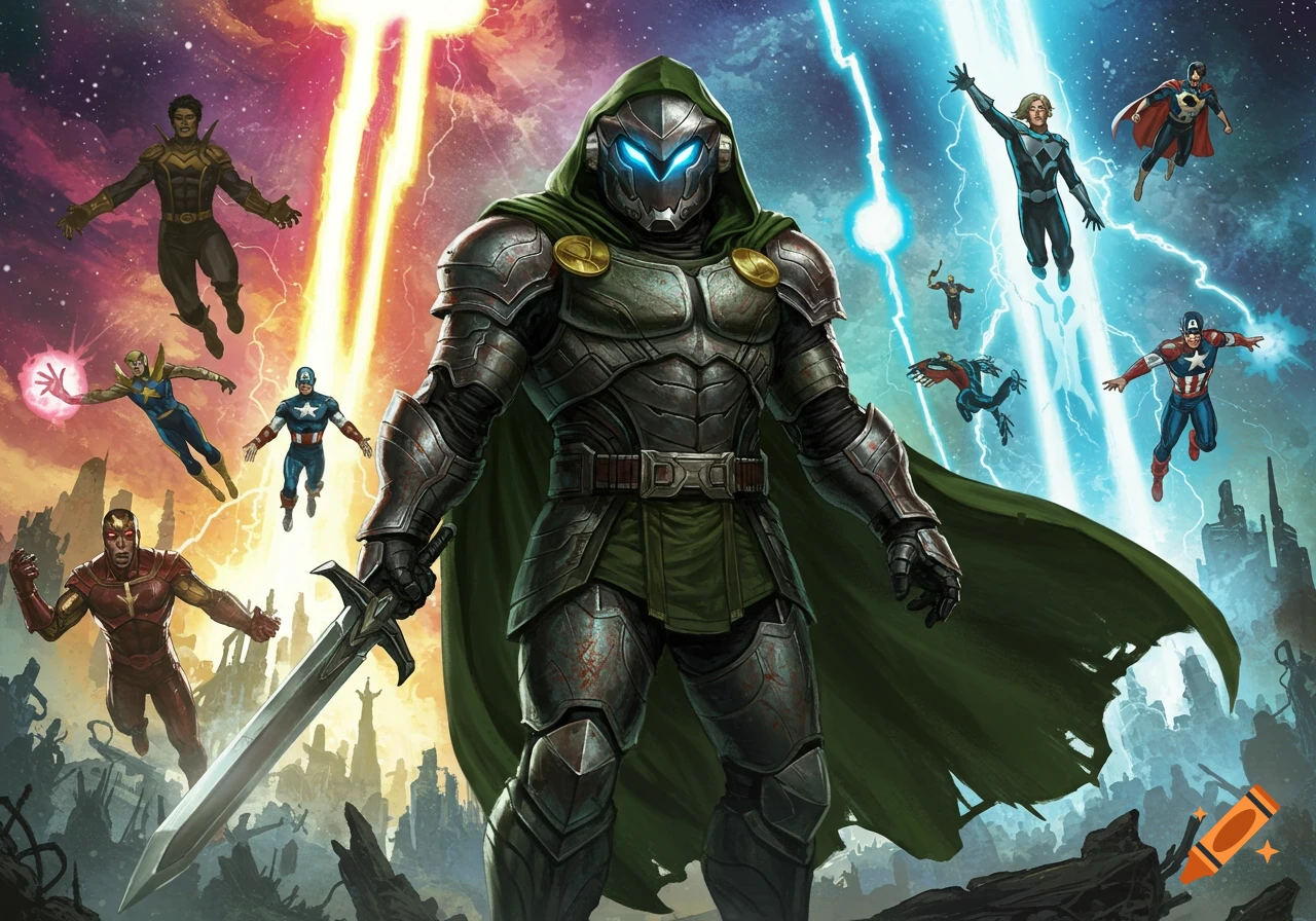 An armored figure in a green cloak and helmet wields a sword, surrounded by several flying superheroes in a vibrant, cosmic comic book scene.