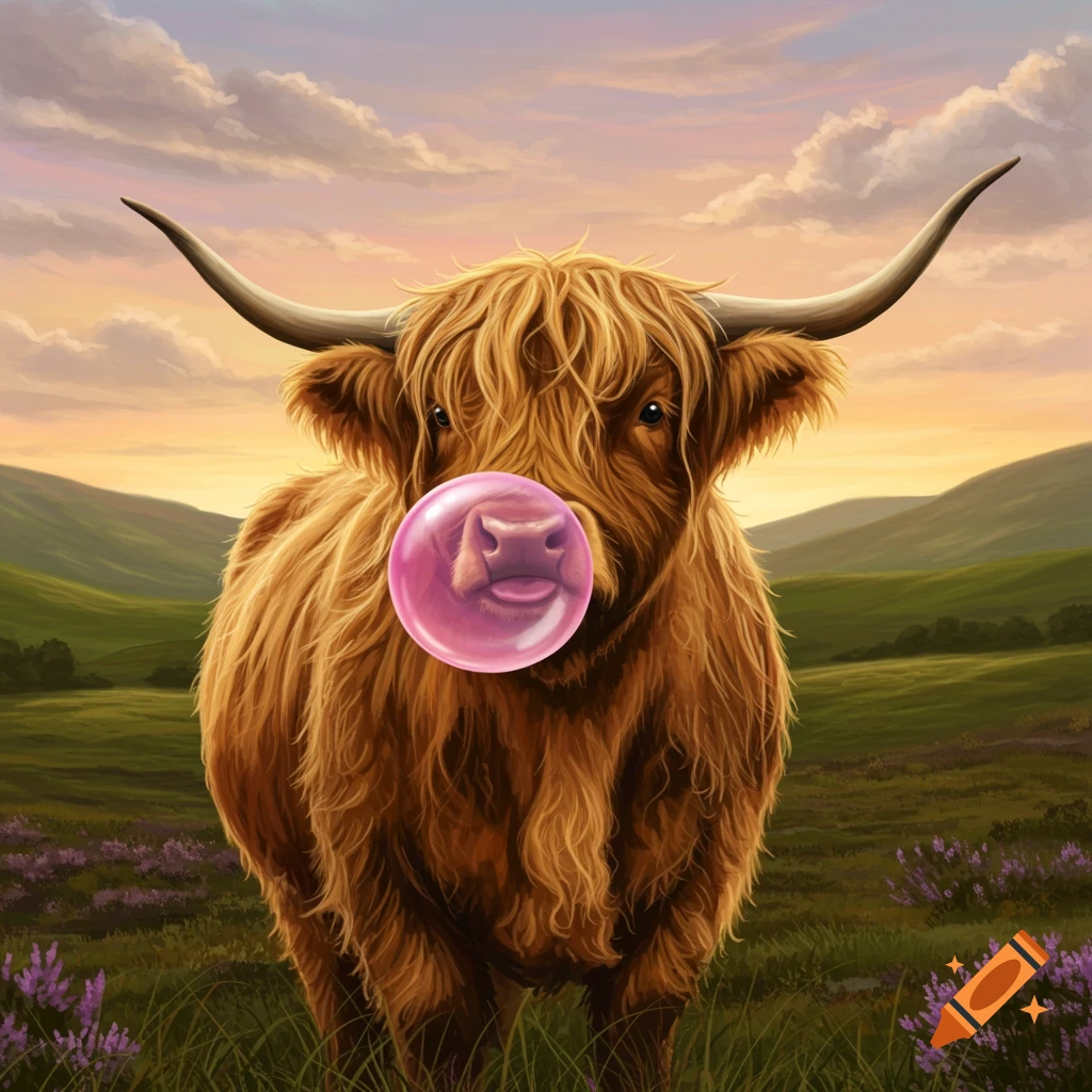 Highland cow blowing a pink bubblegum bubble in a green field with purple flowers and hills under a sunset sky, digital art.