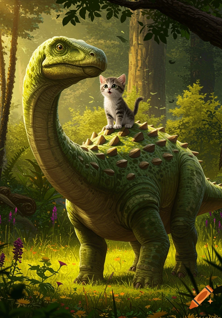 A small tabby kitten sits on the back of a large green dinosaur in a lush prehistoric forest, illustrated in a vibrant style.
