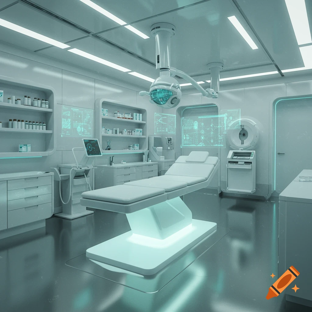 A clean, modern, futuristic medical room with glowing white and teal accents, a central exam table, and numerous shelves and holographic screens displaying data.