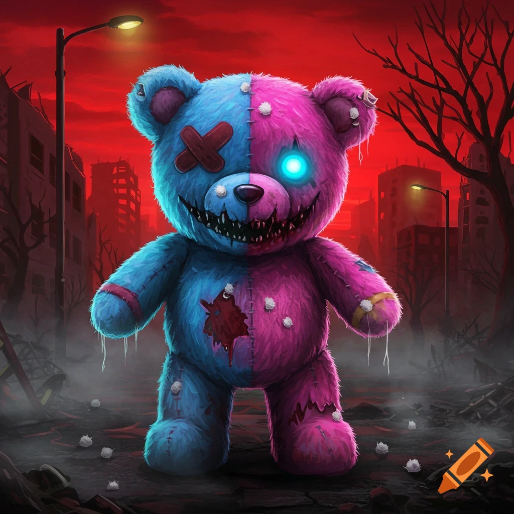 A pink and blue zombie teddy bear with a glowing eye and sharp teeth stands in a ruined city under a red sky.