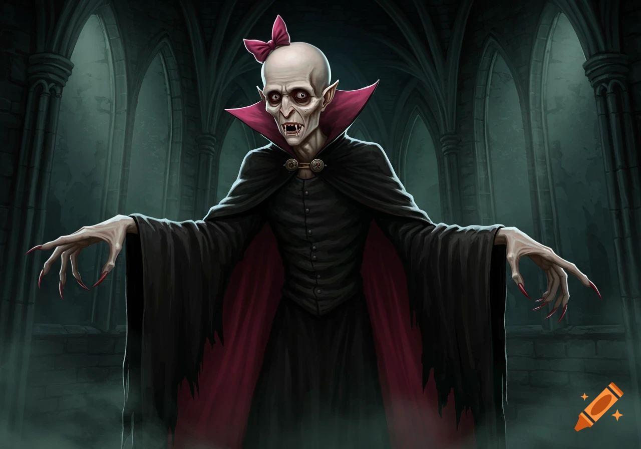 A bald, pale Nosferatu vampire with pointed ears, sharp teeth, and long red-nailed fingers stands in a dark gothic chamber, wearing a black cloak with red lining and a pink bow on its head.