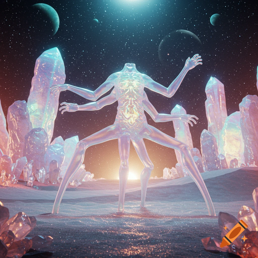 A multi-limbed, translucent, headless alien creature stands among glowing crystals on an alien planet under a starry sky with planets.