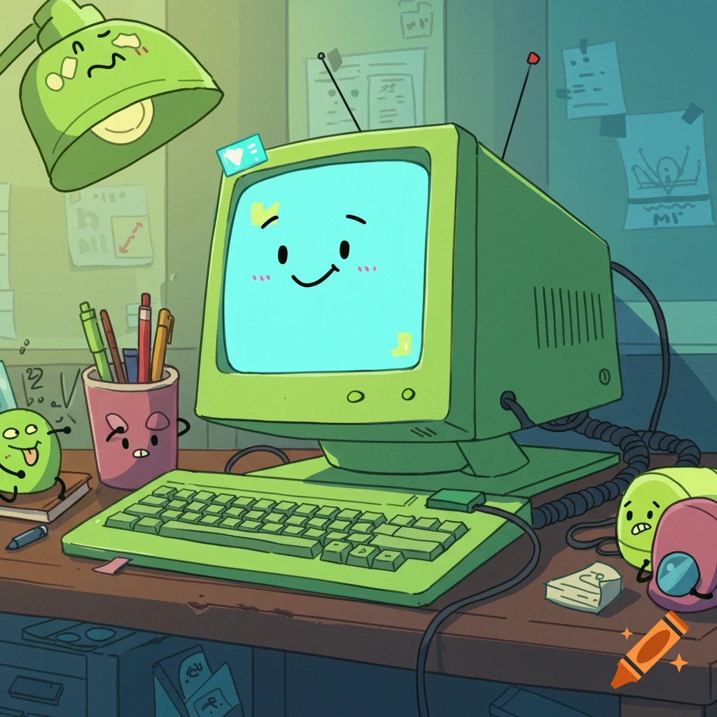 A green cartoon computer with a smiling face on its screen sits on a desk surrounded by anthropomorphic office supplies.