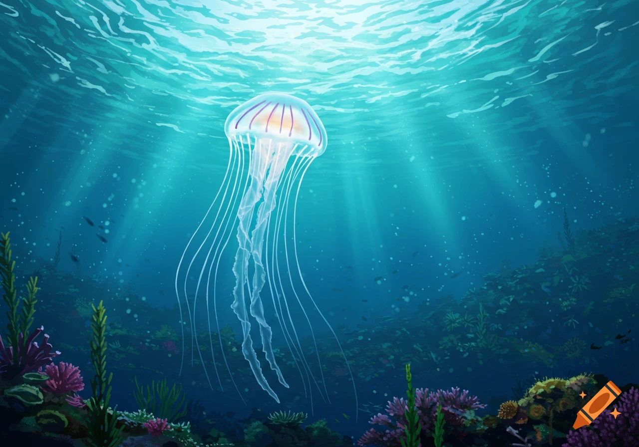 A translucent jellyfish with purple stripes floats in clear blue ocean water, with sunbeams illuminating a vibrant coral reef.