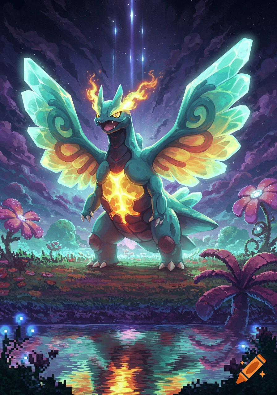 A teal, dragon-like fantasy creature with large crystal wings and fiery glowing chest, stands in a vibrant magical landscape with a reflective pond.