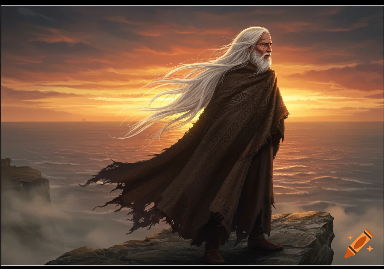 An old man with long white hair and beard in a torn cloak stands on a cliff overlooking a vibrant orange sunset over the ocean.
