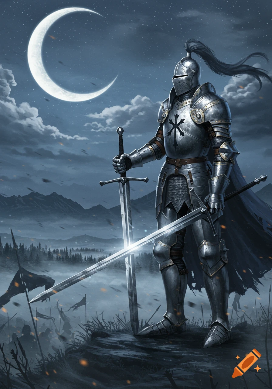 A knight in silver full plate armor stands on a moonlit hill with two swords, overlooking a misty battlefield under a dark sky.