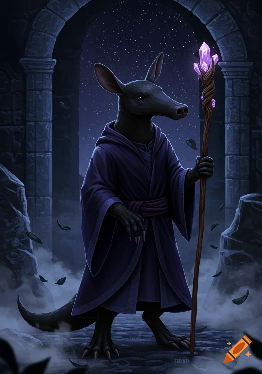 A black anthropomorphic aardvark wizard in a purple robe holds a glowing crystal staff under a starry sky in ancient ruins.