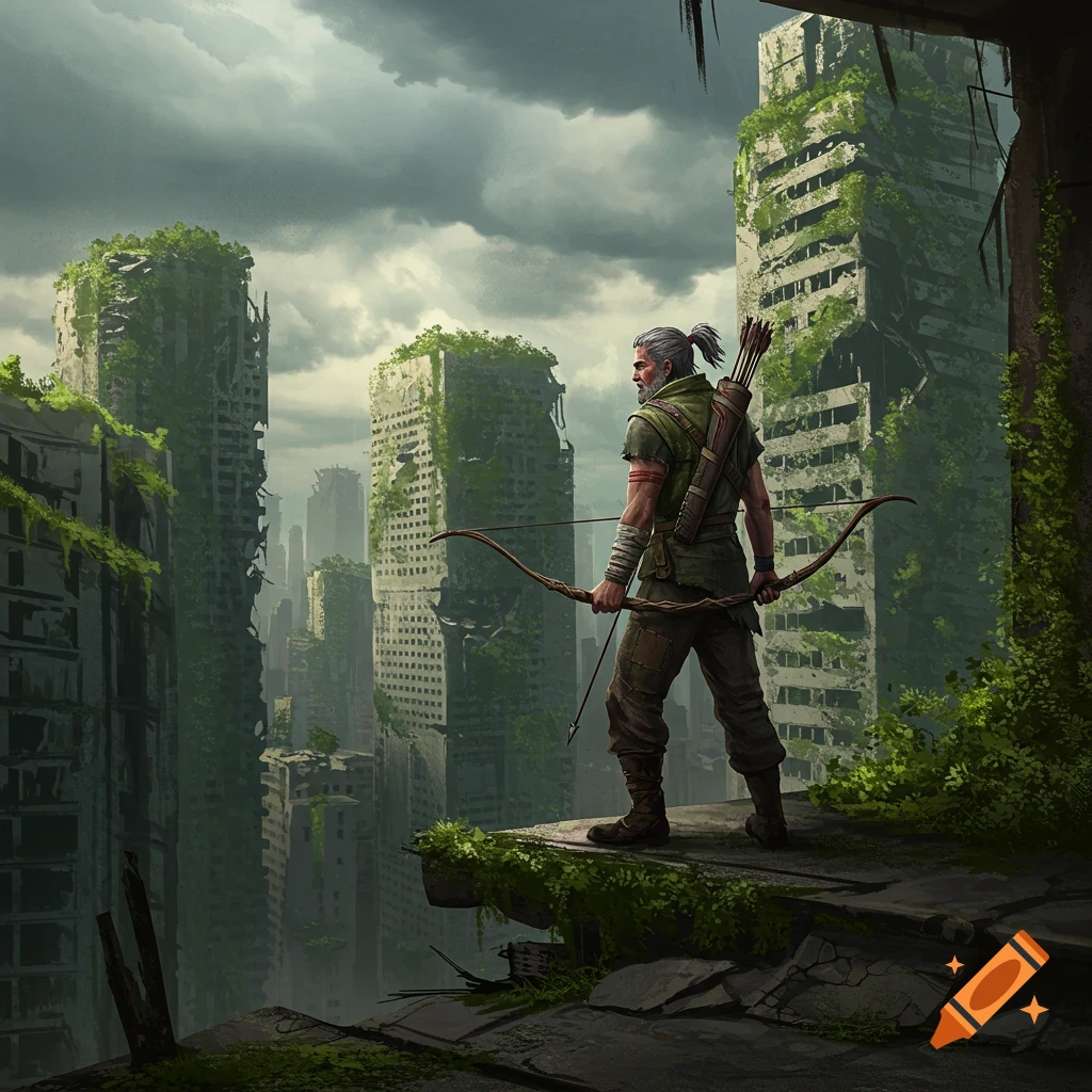 A grizzled survivor with a bow and quiver stands on a crumbling skyscraper overlooking an overgrown, ruined city under a cloudy sky.