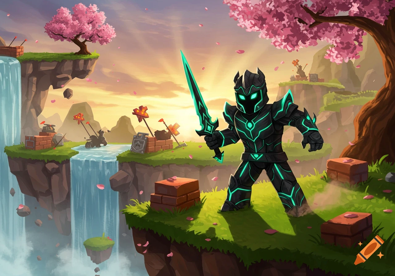 A black armored character with a glowing teal sword stands on a floating island in a stylized fantasy world with waterfalls and cherry blossom trees at sunset.