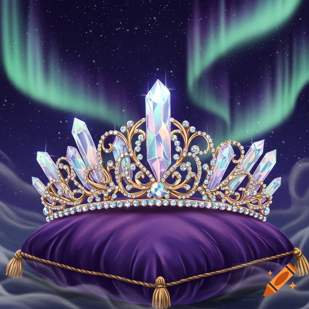 A sparkly gold and crystal tiara rests on a purple velvet pillow under a starry night sky with green aurora borealis.