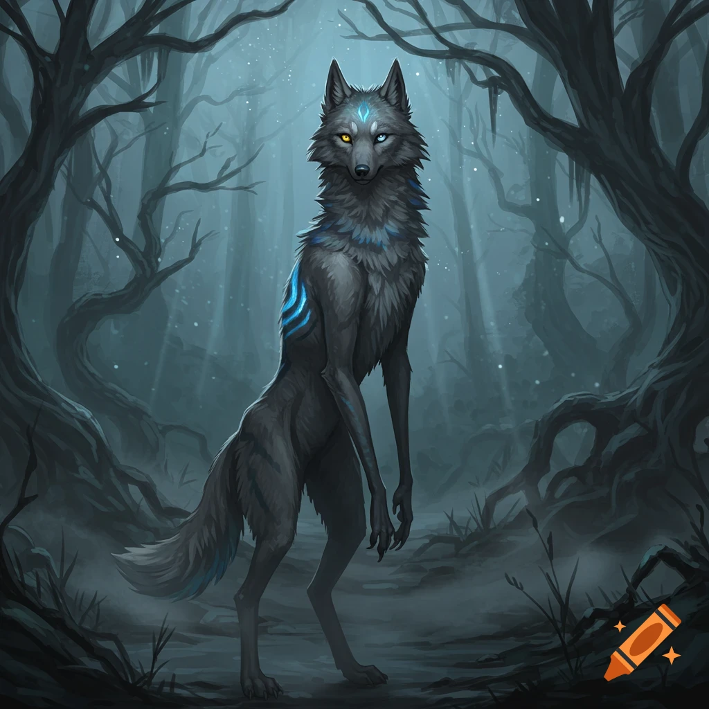 A humanoid wolf creature with grey fur and blue glowing stripes stands in a dark, misty forest. It has one gold eye and one blue eye.